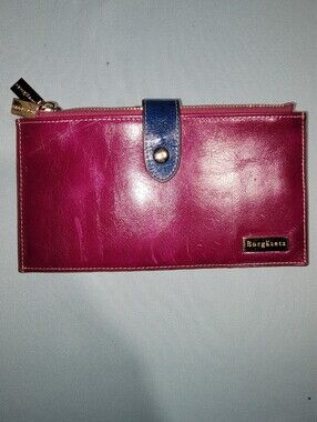 Handmade Borgasets Magenta Pink Leather Wallet with Navy Blue Snap Strap